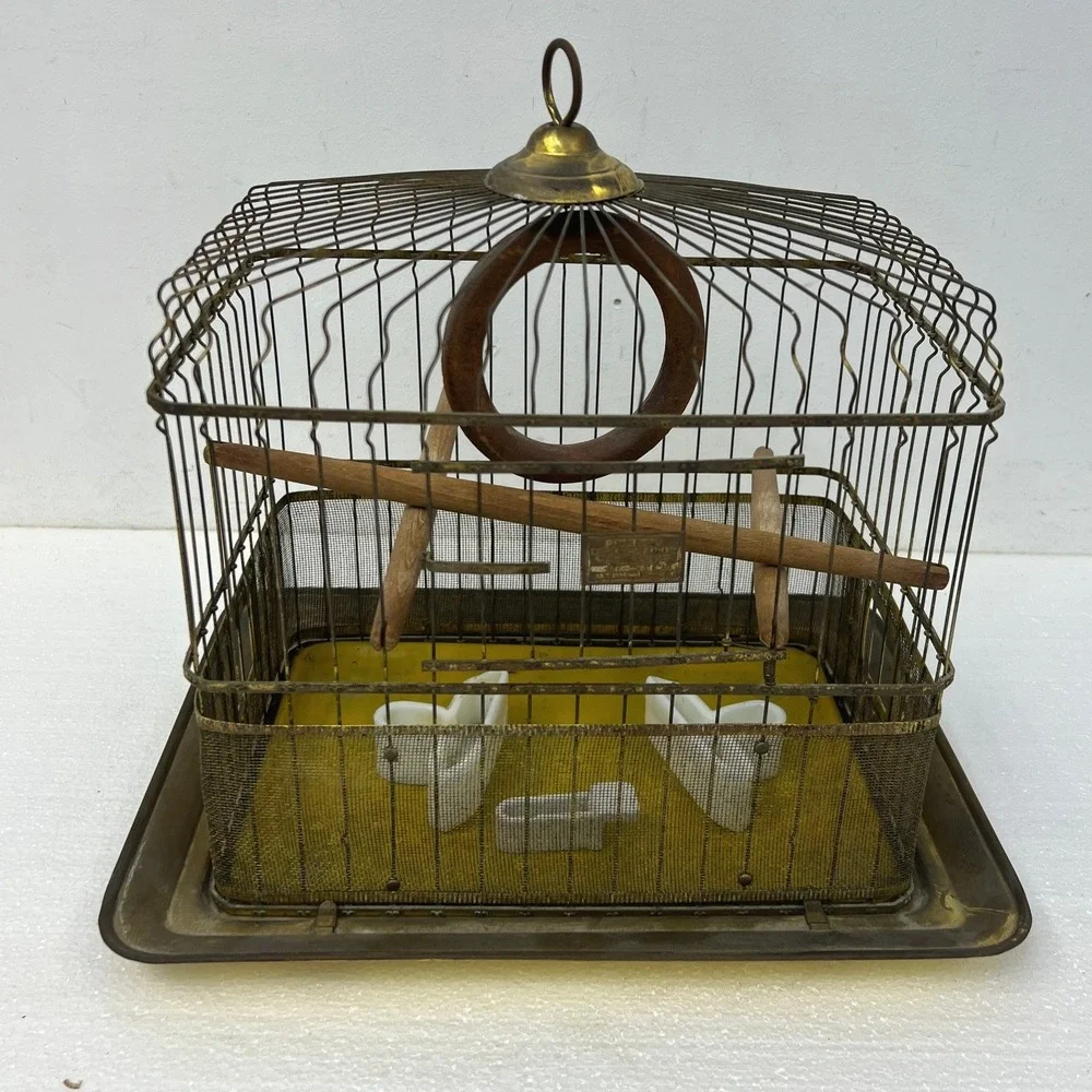 Hendryx Antique Brass Bird Cage Vintage Wire Pet w Porcelain Feeders Perch Gold